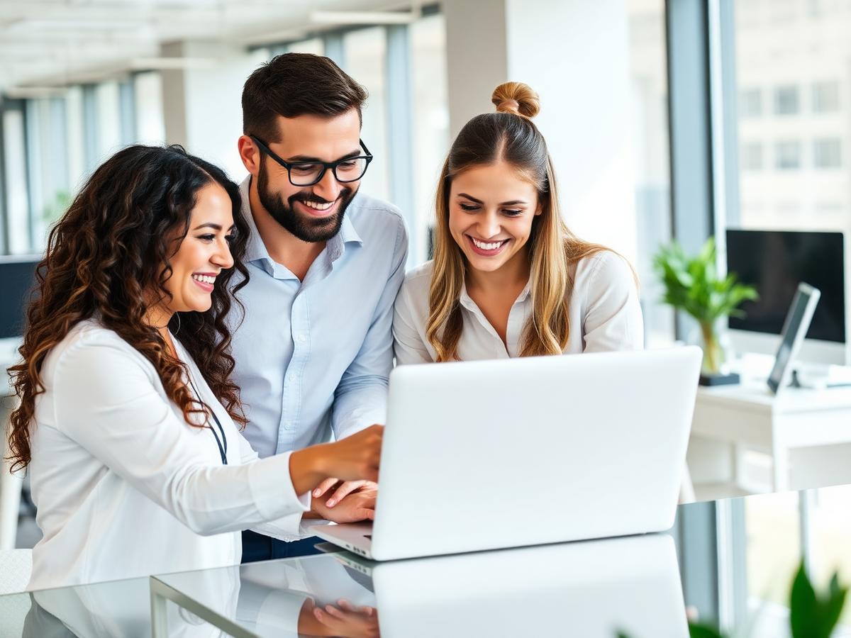 Three technology professionals collaborating around a laptop